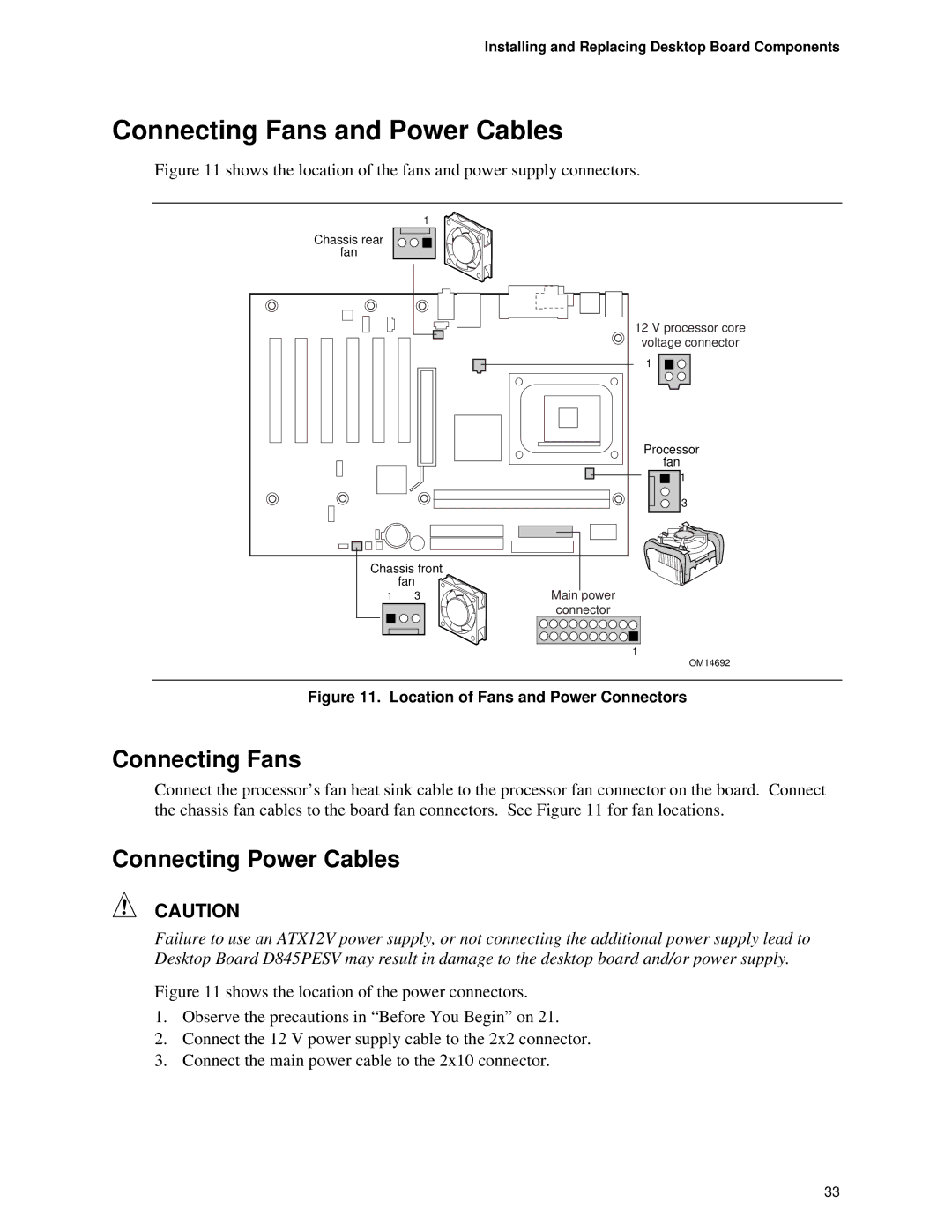 Intel D845PESV manual Connecting Fans and Power Cables, Connecting Power Cables 