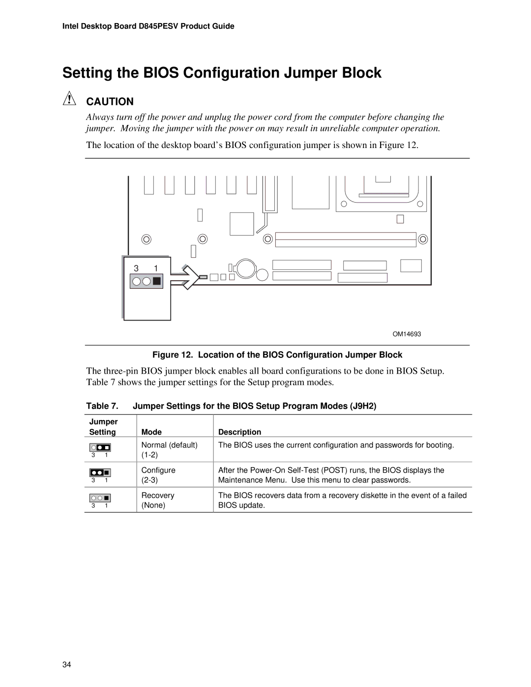 Intel D845PESV manual Setting the Bios Configuration Jumper Block, Jumper Settings for the Bios Setup Program Modes J9H2 