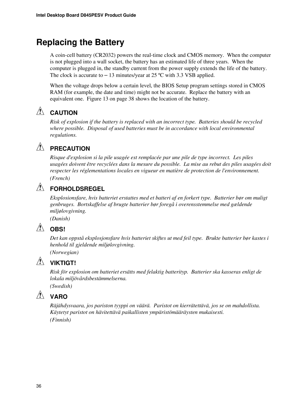 Intel D845PESV manual Replacing the Battery, Precaution 