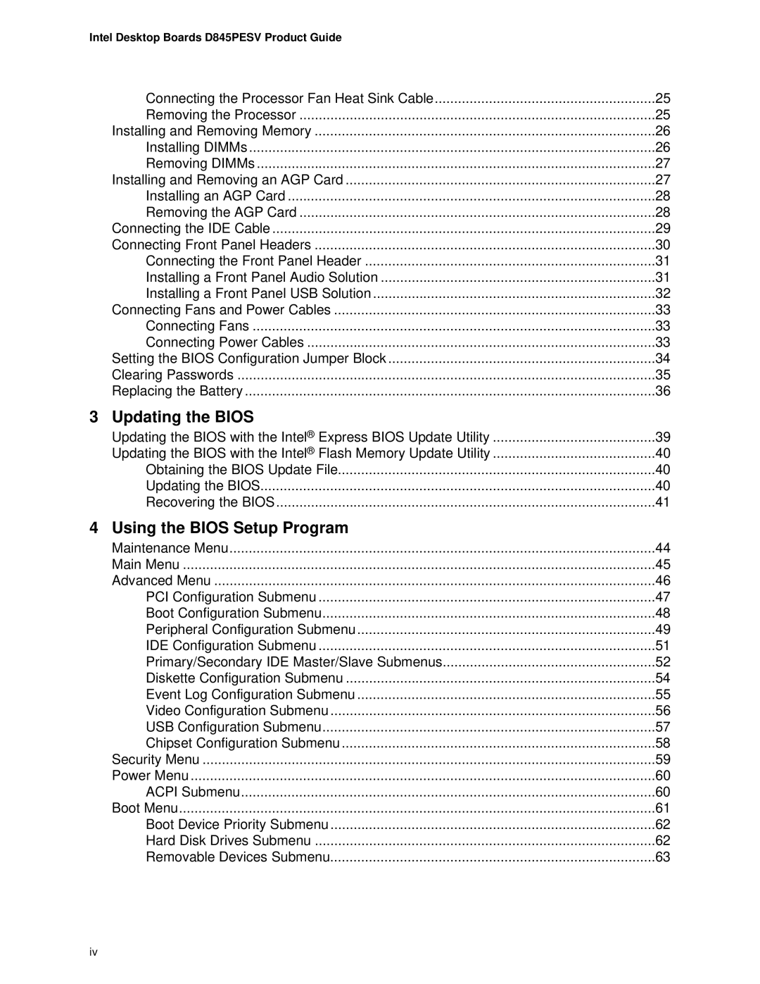 Intel manual Updating the Bios, Intel Desktop Boards D845PESV Product Guide 