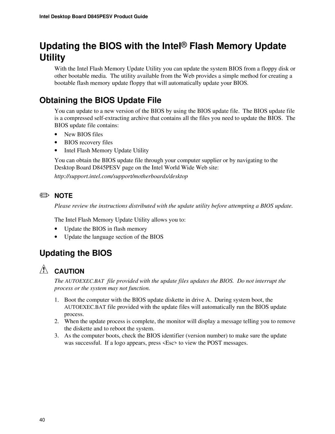 Intel D845PESV manual Obtaining the Bios Update File, Updating the Bios 