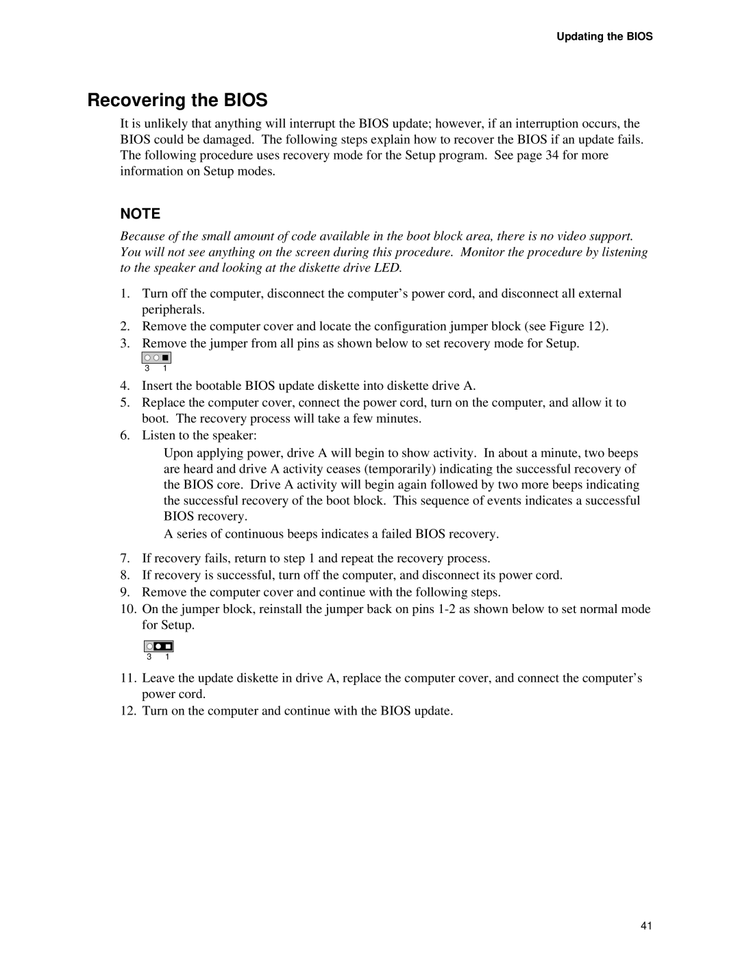 Intel D845PESV manual Recovering the Bios, Updating the Bios 