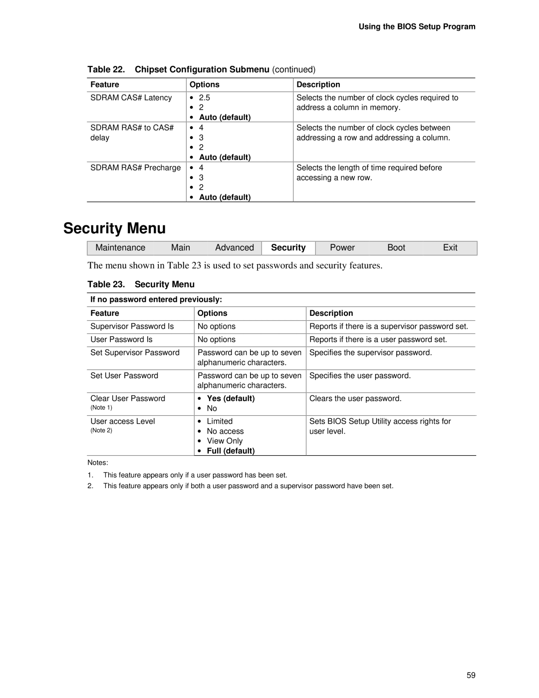 Intel D845PESV manual Security Menu, If no password entered previously Feature, Yes default, Full default 