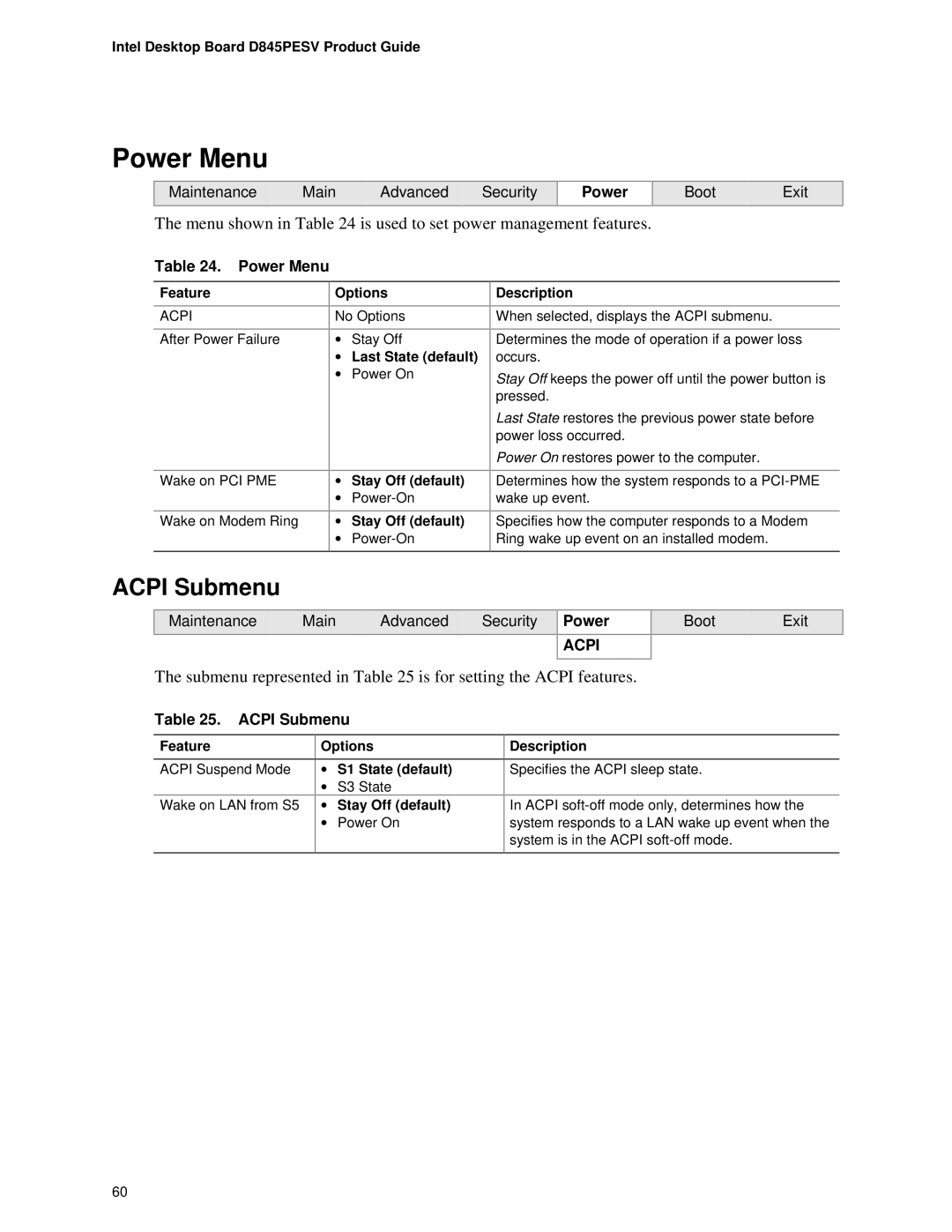 Intel D845PESV manual Power Menu, Acpi Submenu, Menu shown in is used to set power management features 