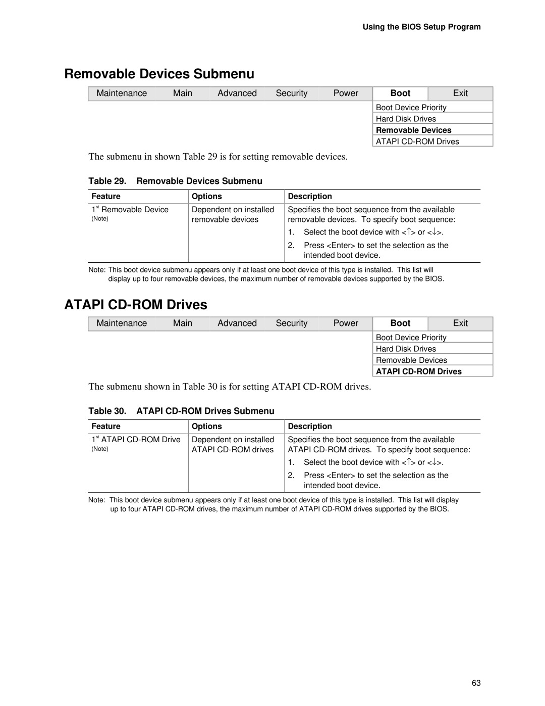 Intel D845PESV manual Removable Devices Submenu, Atapi CD-ROM Drives, Submenu in shown is for setting removable devices 