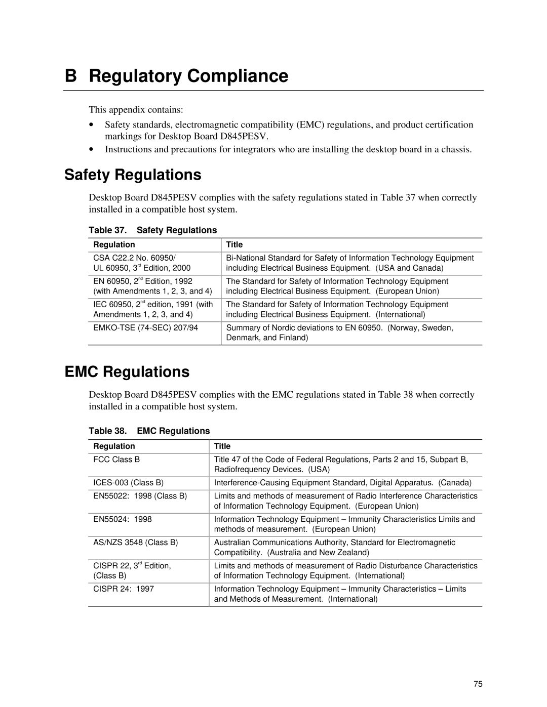 Intel D845PESV manual Regulatory Compliance, Safety Regulations, EMC Regulations 