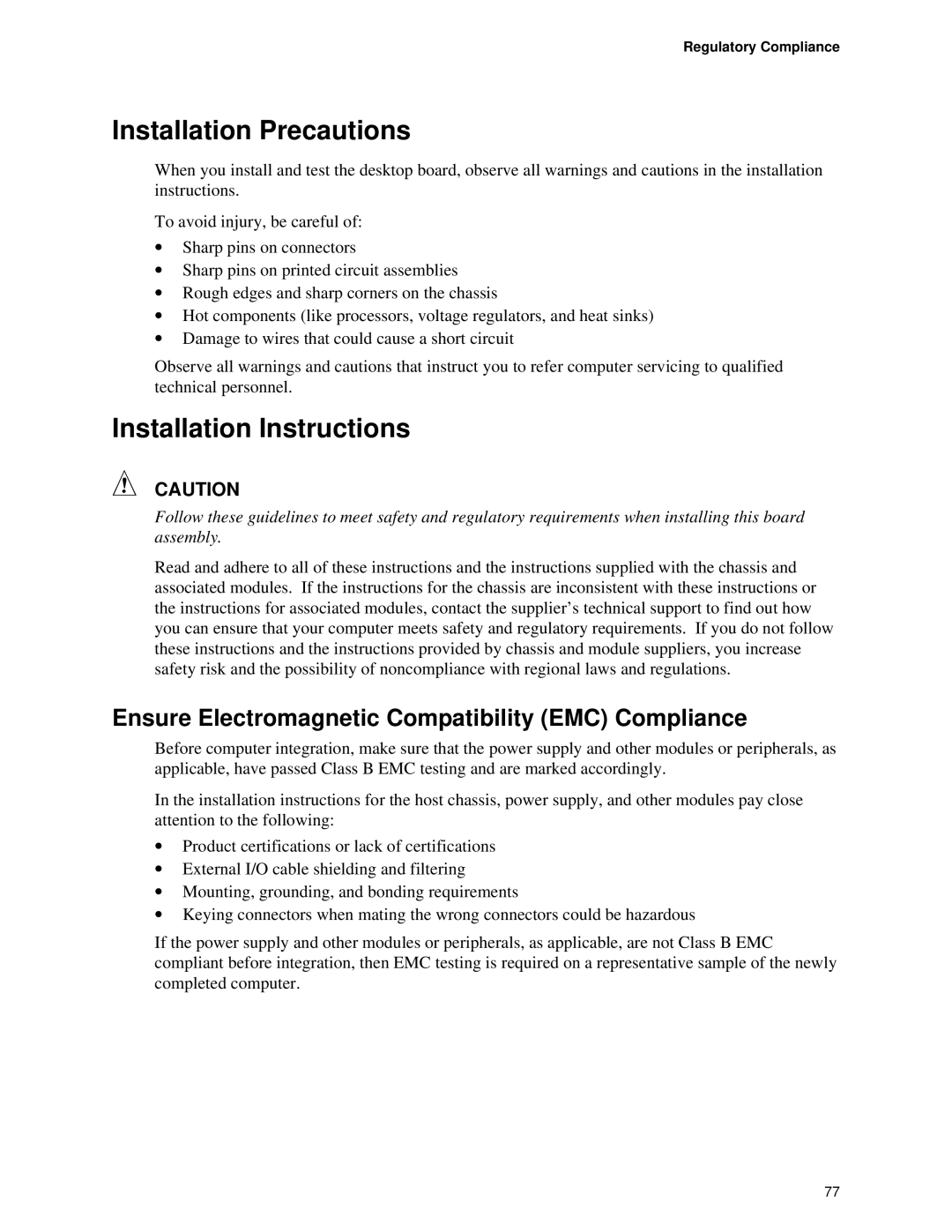 Intel D845PESV Installation Precautions, Installation Instructions, Ensure Electromagnetic Compatibility EMC Compliance 