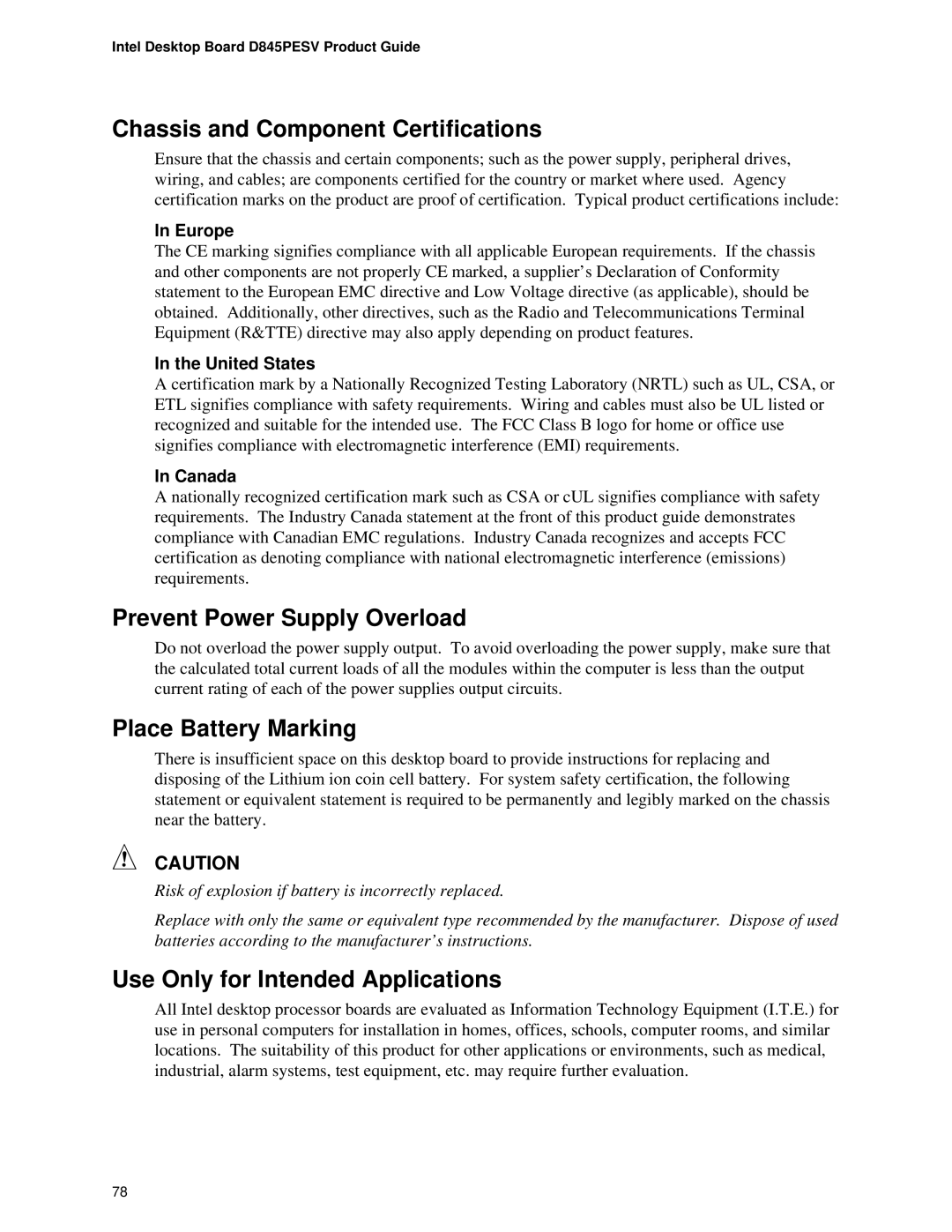 Intel D845PESV manual Chassis and Component Certifications, Prevent Power Supply Overload, Place Battery Marking 