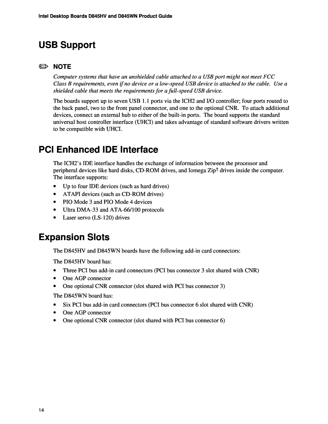 Intel D845WN, D845HV manual USB Support, PCI Enhanced IDE Interface, Expansion Slots 