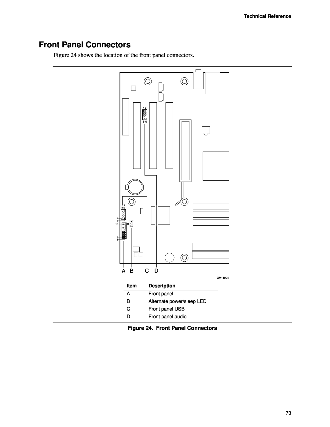 Intel D845HV, D845WN manual Front Panel Connectors, Technical Reference, Description, OM11994 