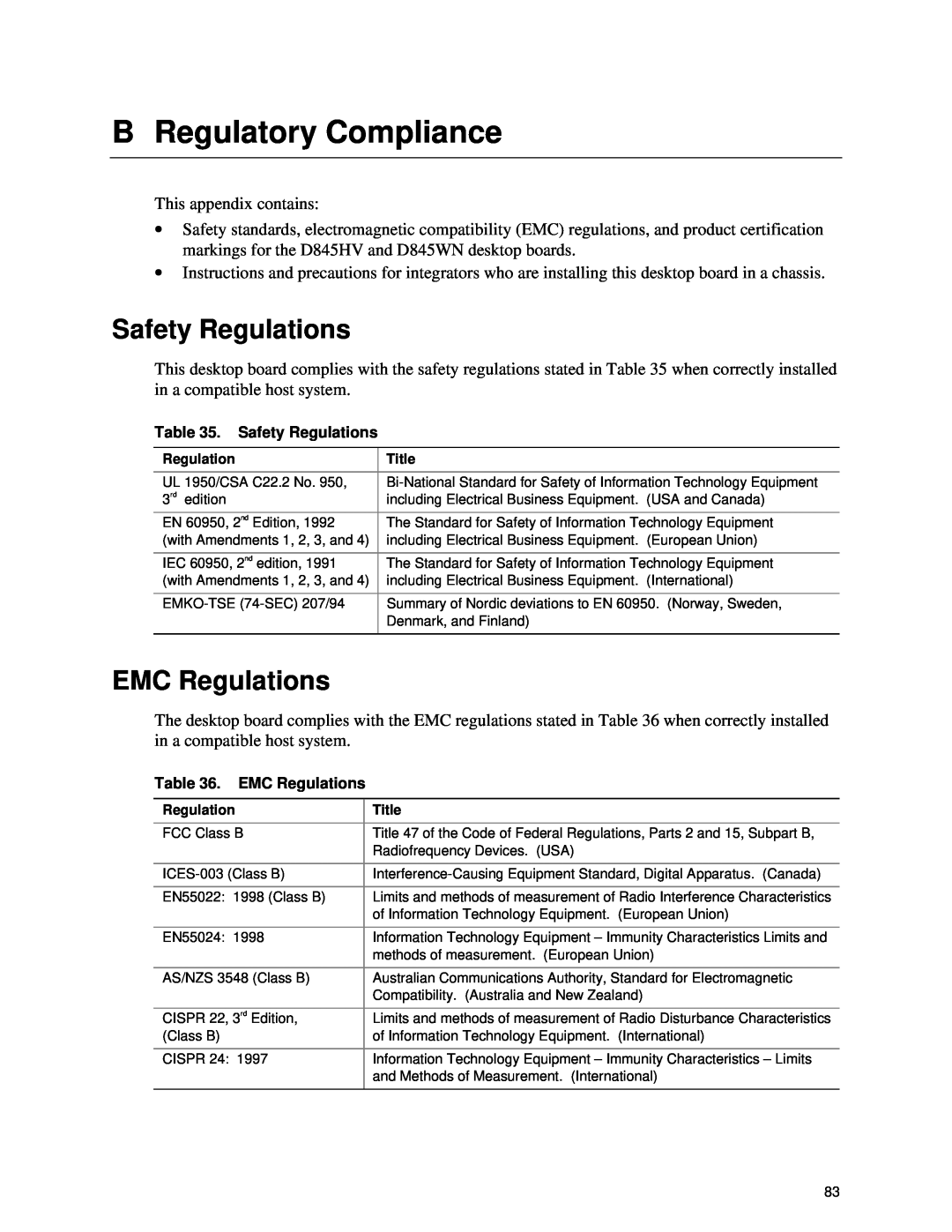 Intel D845HV, D845WN manual B Regulatory Compliance, Safety Regulations, EMC Regulations 