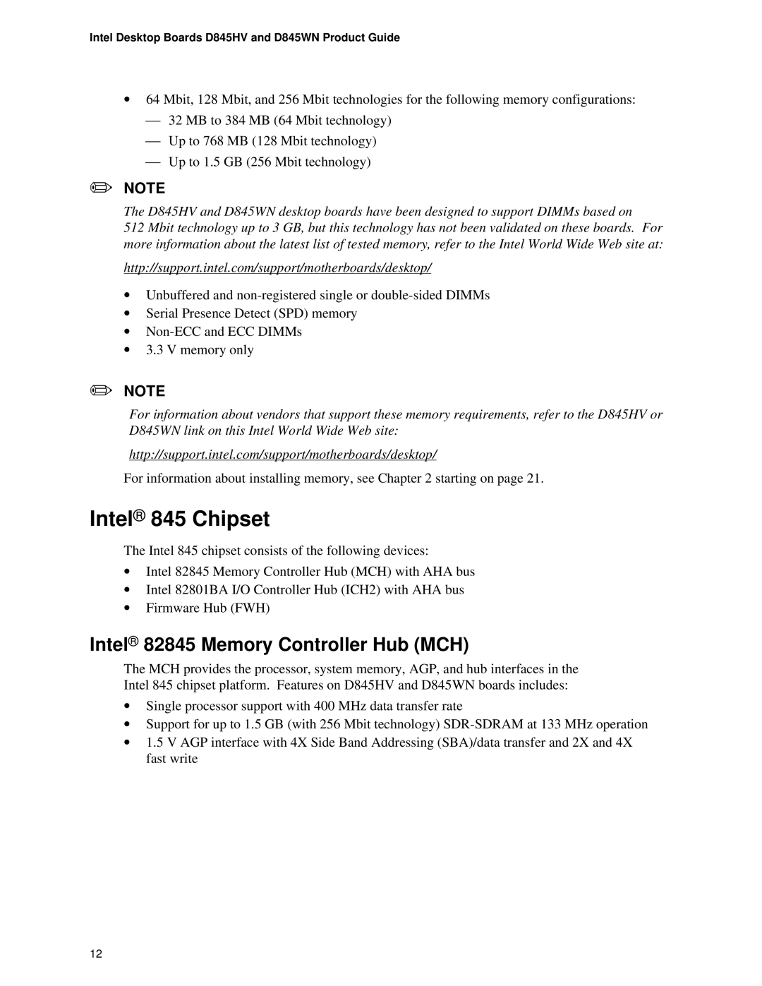 Intel D845WN, D845HV manual Intel 845 Chipset, Intel 82845 Memory Controller Hub MCH 