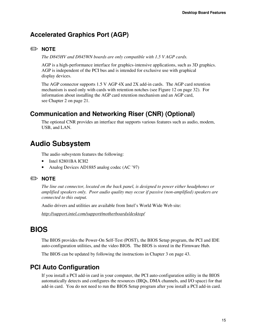 Intel D845HV, D845WN manual Audio Subsystem, Accelerated Graphics Port AGP, Communication and Networking Riser CNR Optional 