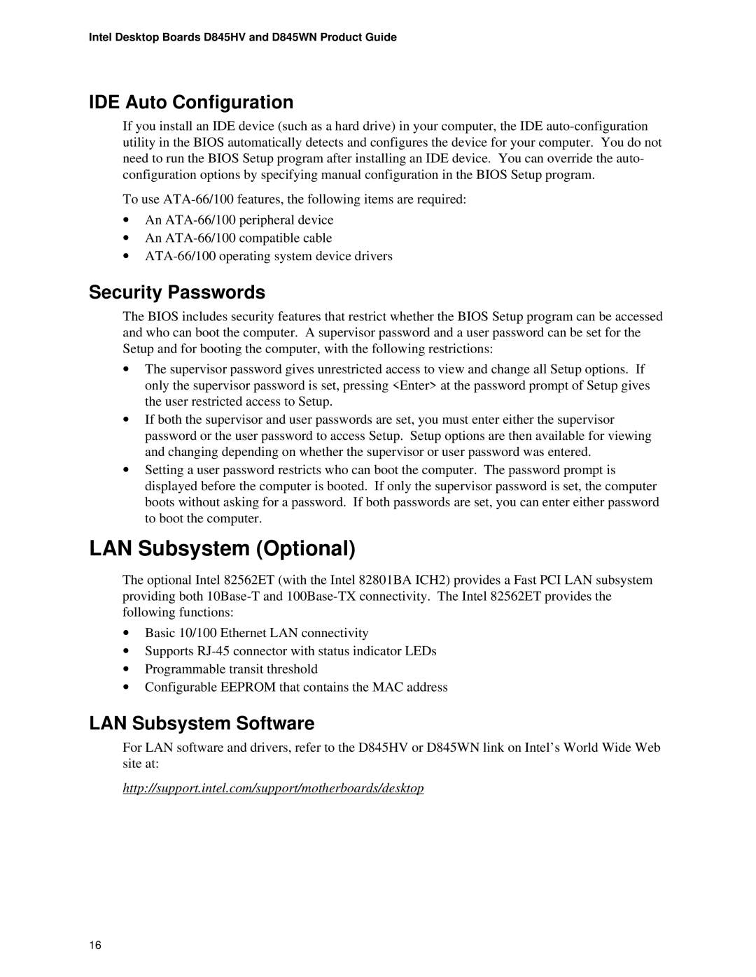 Intel D845WN, D845HV manual LAN Subsystem Optional, IDE Auto Configuration, Security Passwords, LAN Subsystem Software 