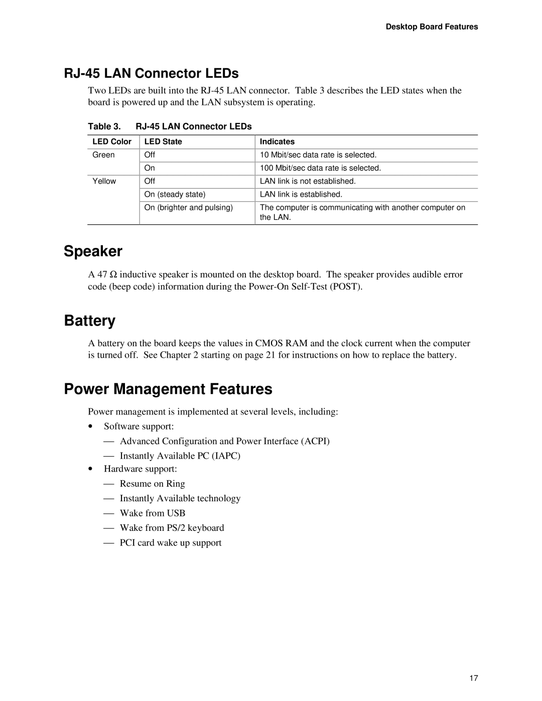 Intel D845HV, D845WN manual Speaker, Battery, Power Management Features, RJ-45 LAN Connector LEDs 