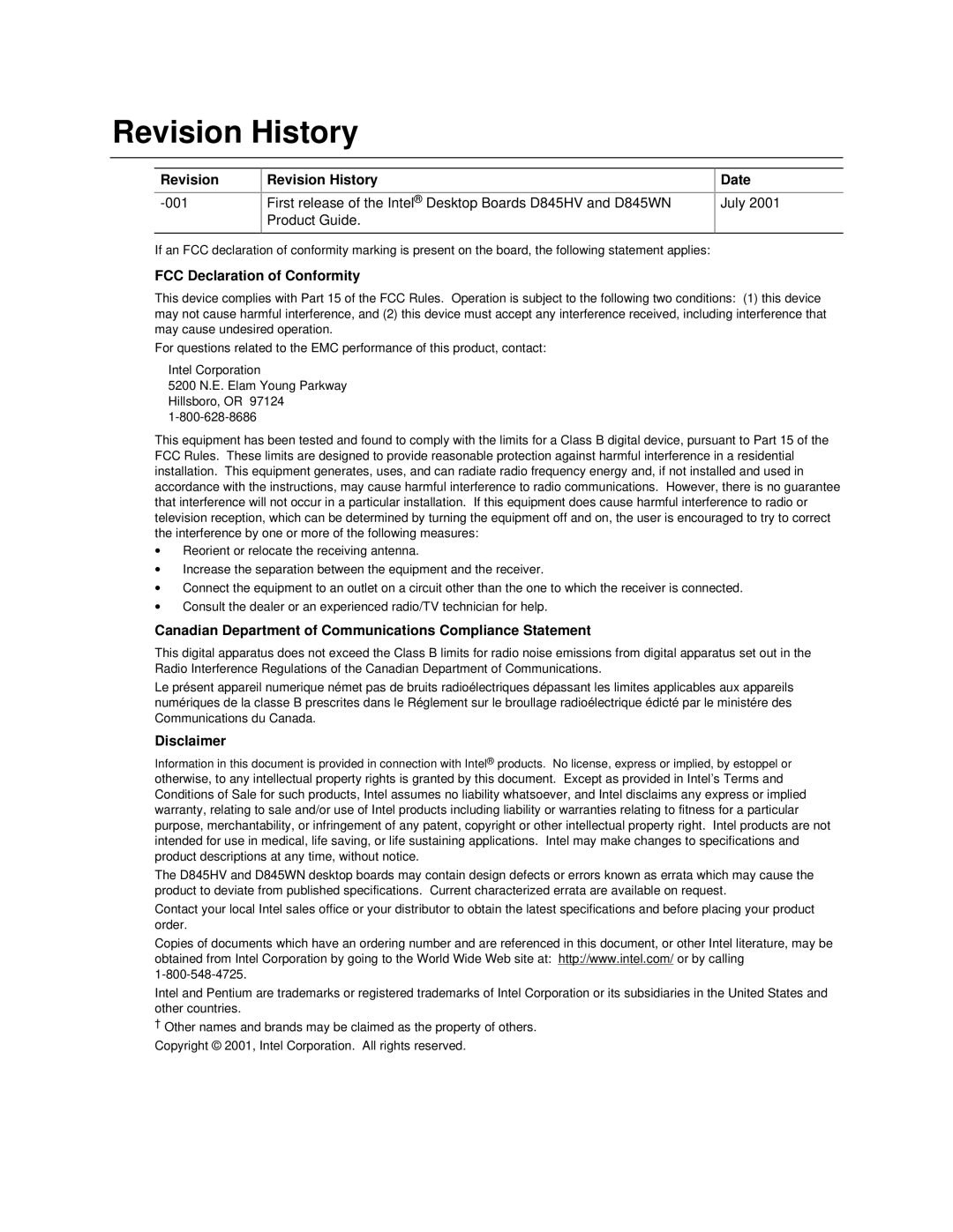 Intel D845WN, D845HV manual Revision Revision History, FCC Declaration of Conformity Date, Disclaimer 