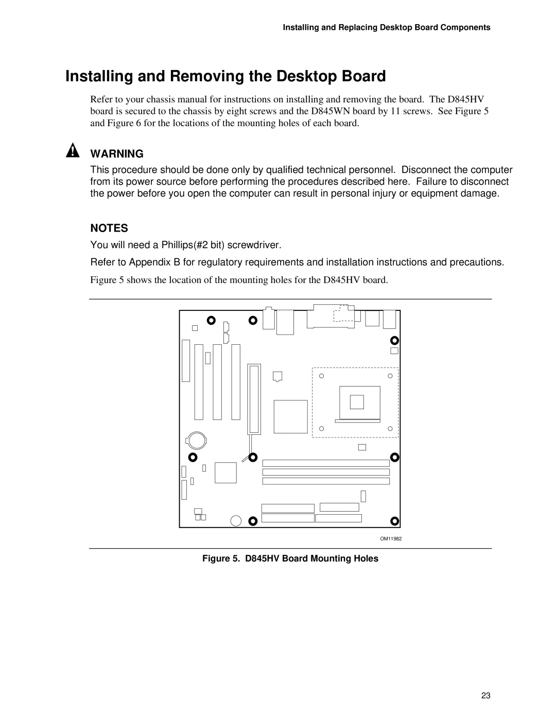 Intel D845HV, D845WN manual Installing and Removing the Desktop Board, Installing and Replacing Desktop Board Components 