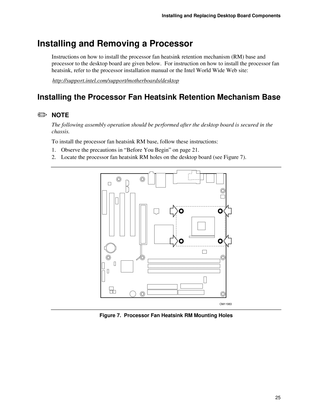 Intel D845HV, D845WN manual Installing and Removing a Processor, Processor Fan Heatsink RM Mounting Holes 