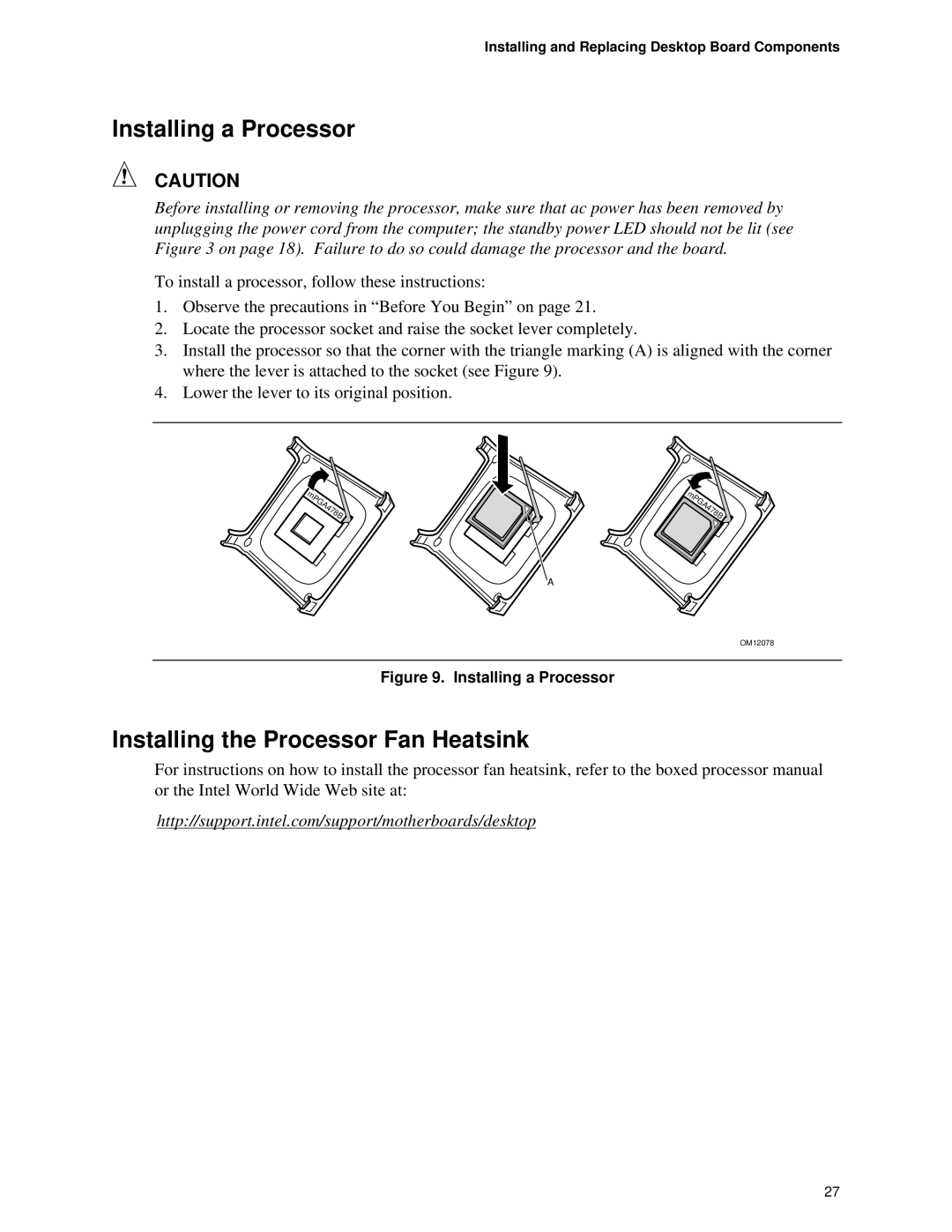 Intel D845HV, D845WN manual Installing a Processor, Installing the Processor Fan Heatsink 