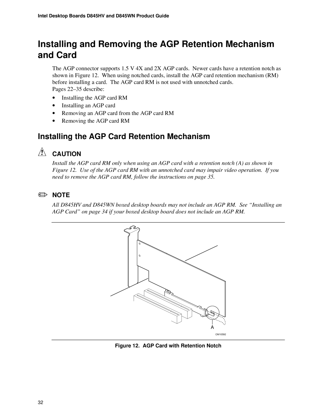 Intel D845WN, D845HV manual Installing the AGP Card Retention Mechanism, AGP Card with Retention Notch 