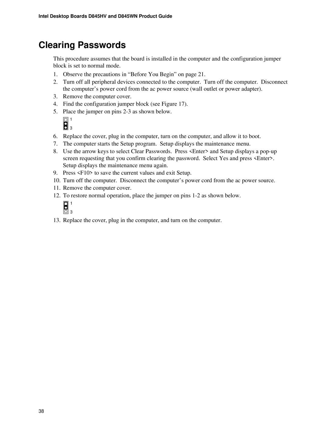 Intel D845WN, D845HV manual Clearing Passwords 