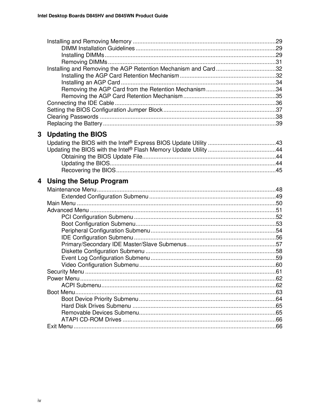 Intel manual Updating the Bios, Intel Desktop Boards D845HV and D845WN Product Guide 