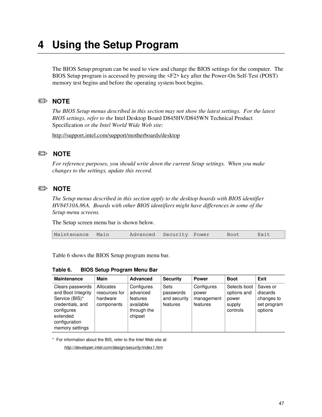 Intel D845HV, D845WN manual Using the Setup Program, Bios Setup Program Menu Bar 