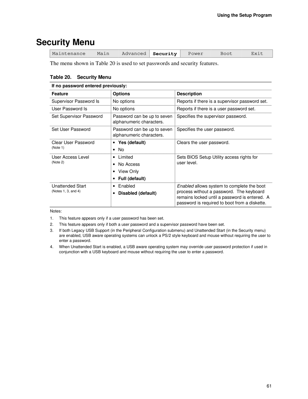 Intel D845HV, D845WN manual Security Menu, If no password entered previously Feature, Full default 