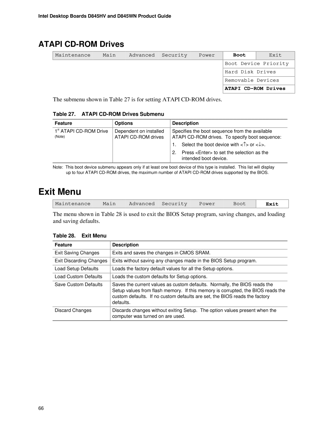 Intel D845WN, D845HV manual Exit Menu, Atapi CD-ROM Drives Submenu 