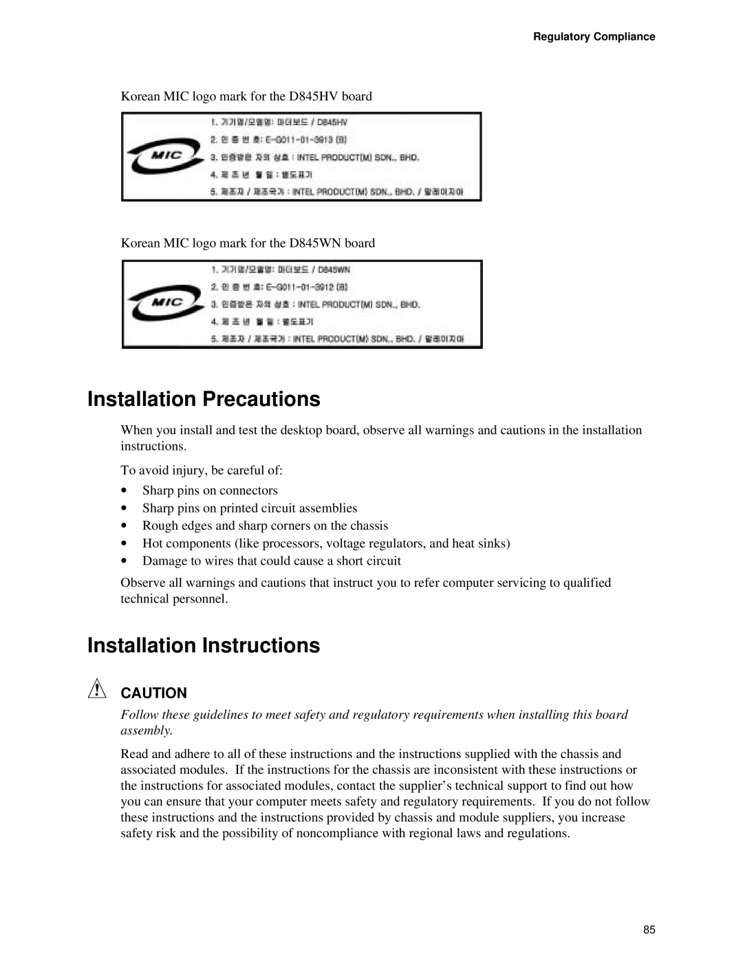 Intel D845HV, D845WN manual Installation Precautions, Installation Instructions, Regulatory Compliance 