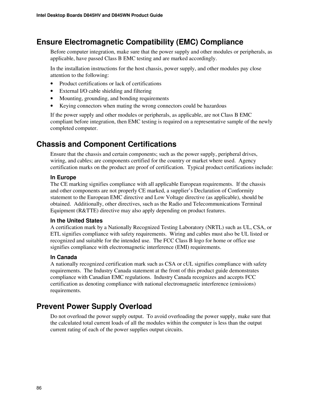 Intel D845WN, D845HV manual Ensure Electromagnetic Compatibility EMC Compliance, Chassis and Component Certifications 