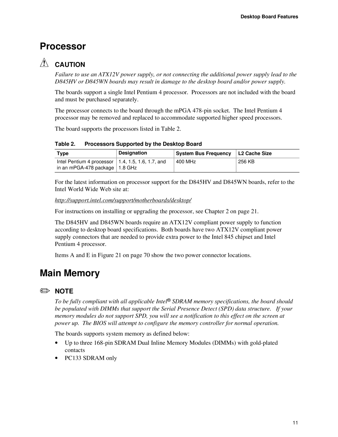 Intel D845HV, D845WN Main Memory, Processors Supported by the Desktop Board, Type Designation System Bus Frequency 