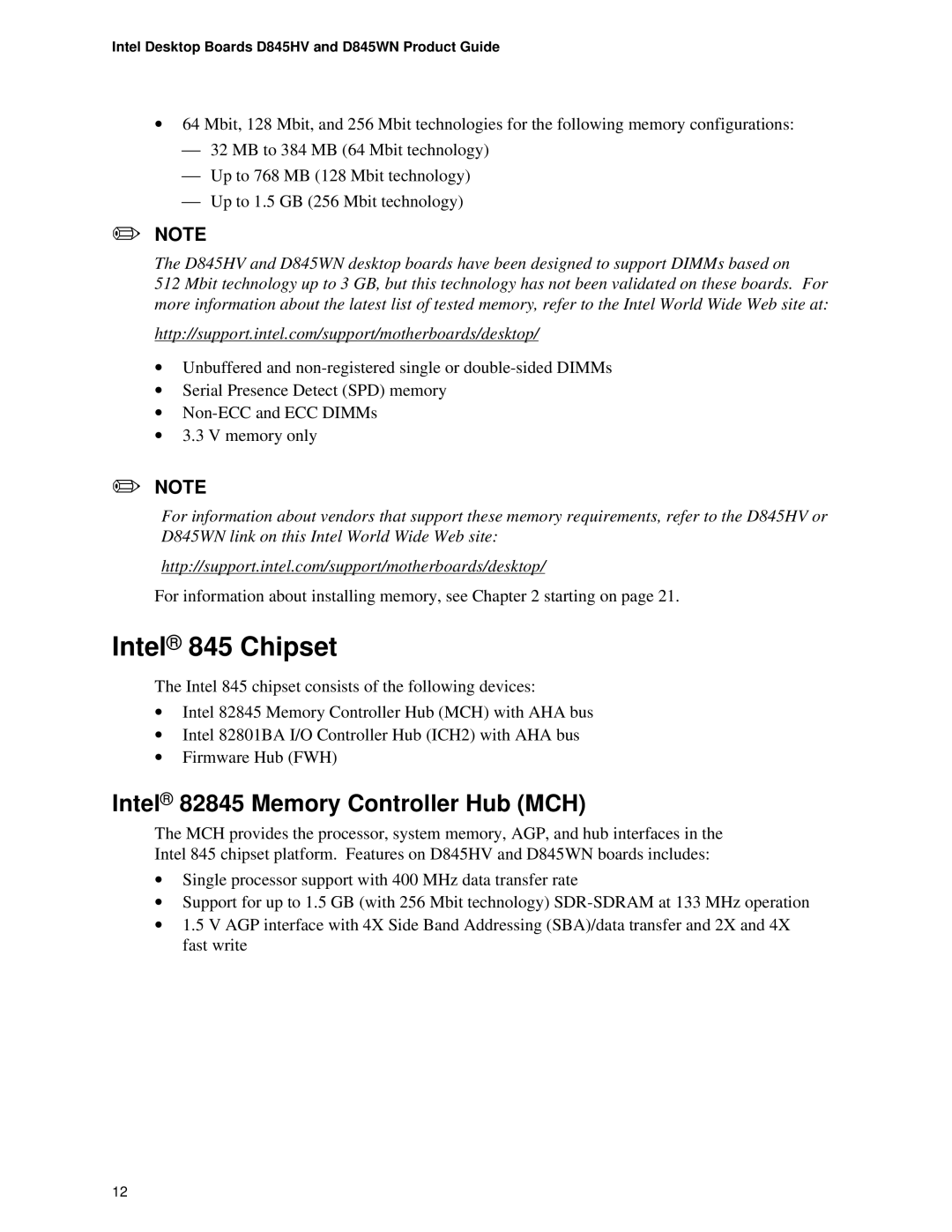 Intel D845WN, D845HV manual Intel 845 Chipset, Intel 82845 Memory Controller Hub MCH 