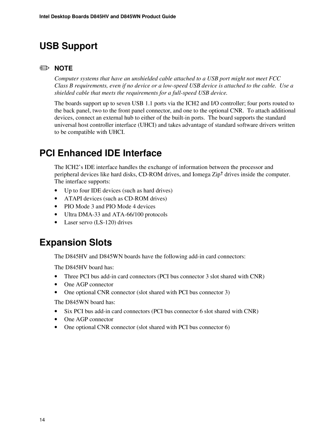 Intel D845WN, D845HV manual USB Support, PCI Enhanced IDE Interface, Expansion Slots 