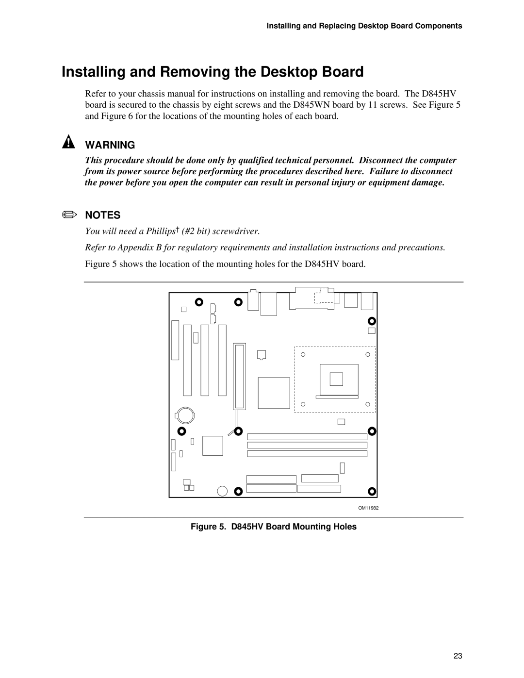 Intel D845HV, D845WN manual Installing and Removing the Desktop Board, Installing and Replacing Desktop Board Components 