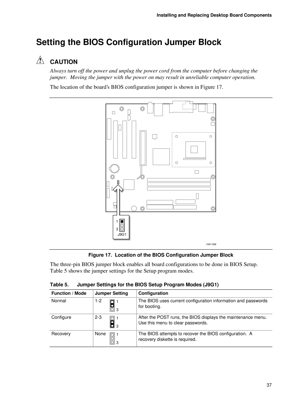 Intel D845HV, D845WN Setting the Bios Configuration Jumper Block, Jumper Settings for the Bios Setup Program Modes J9G1 