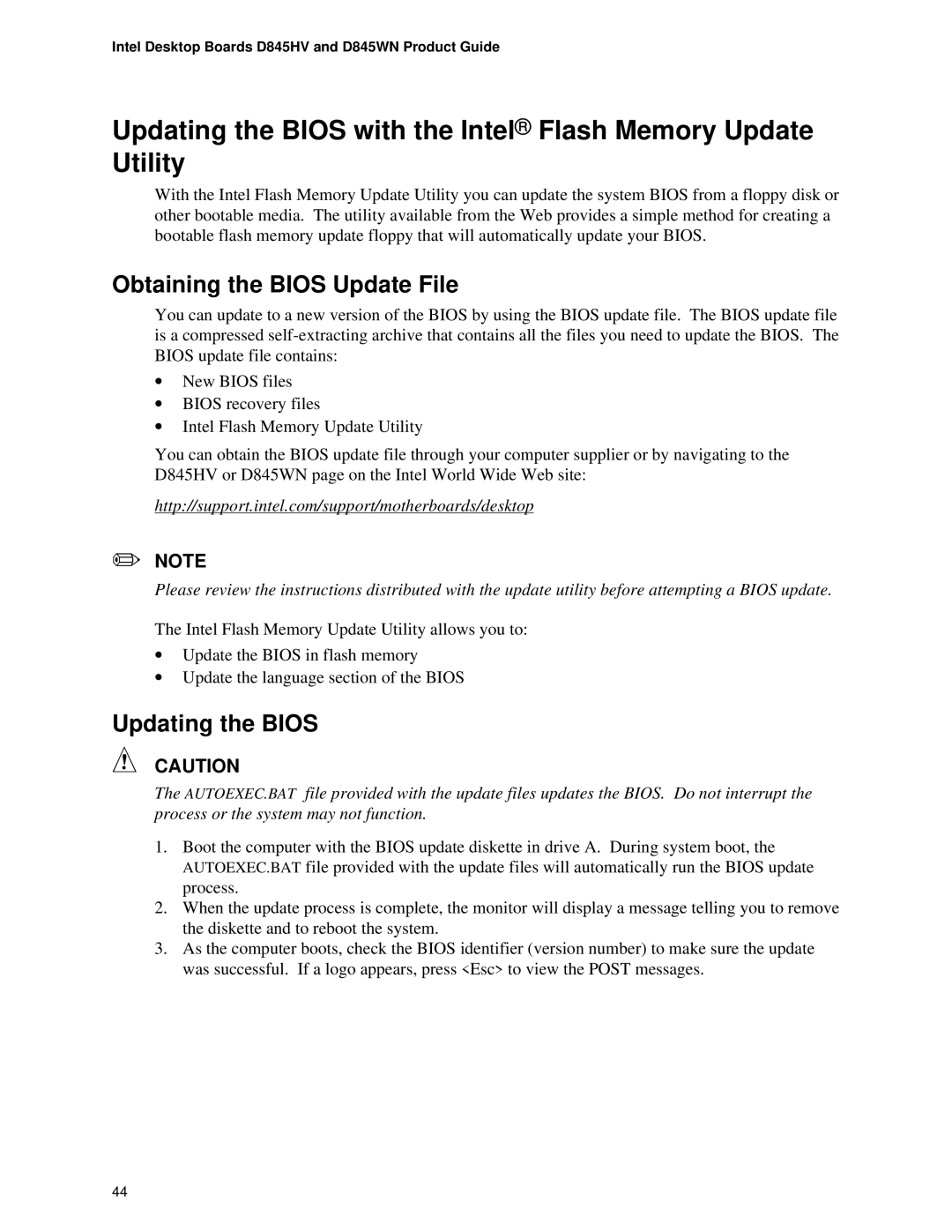 Intel D845WN, D845HV manual Obtaining the Bios Update File, Updating the Bios 