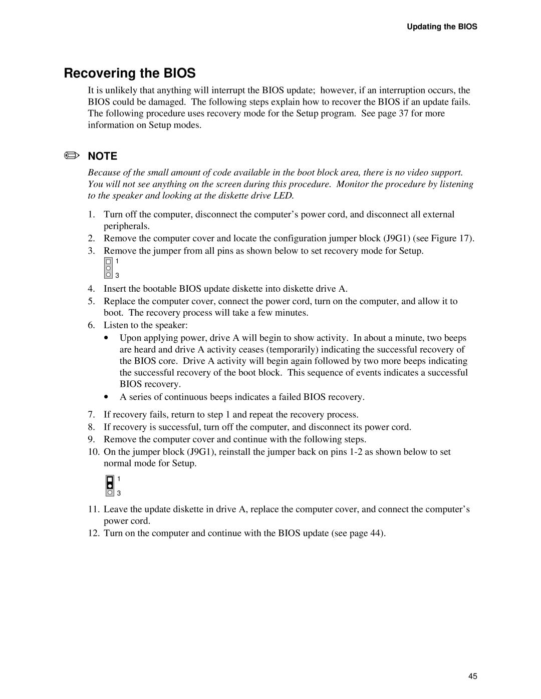 Intel D845HV, D845WN manual Recovering the Bios, Updating the Bios 