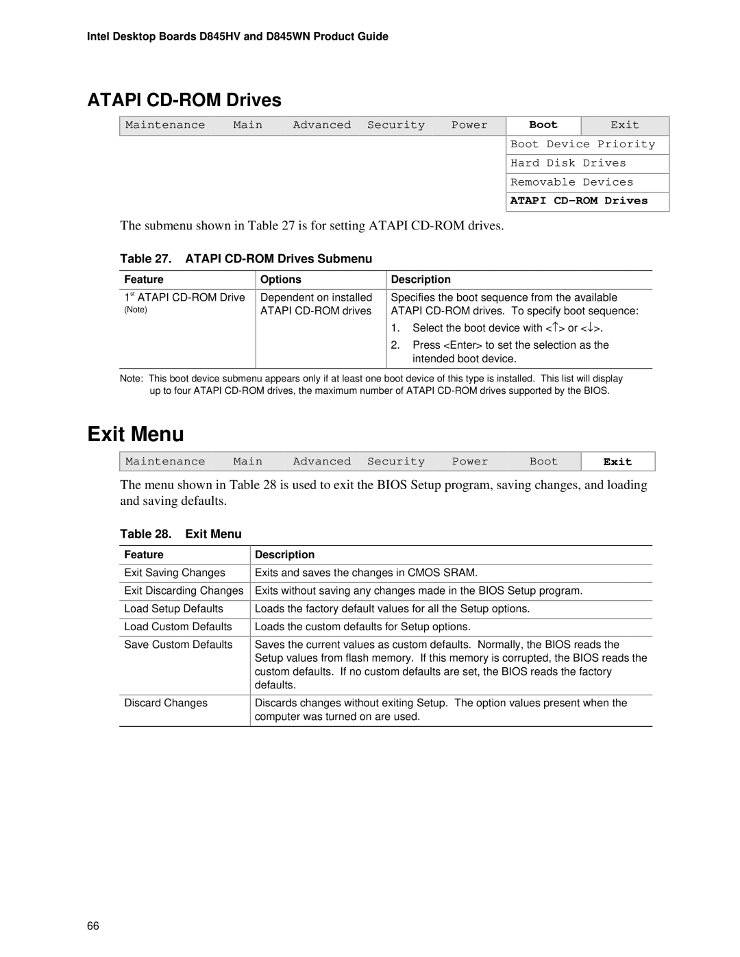 Intel D845WN, D845HV manual Exit Menu, Atapi CD-ROM Drives Submenu 