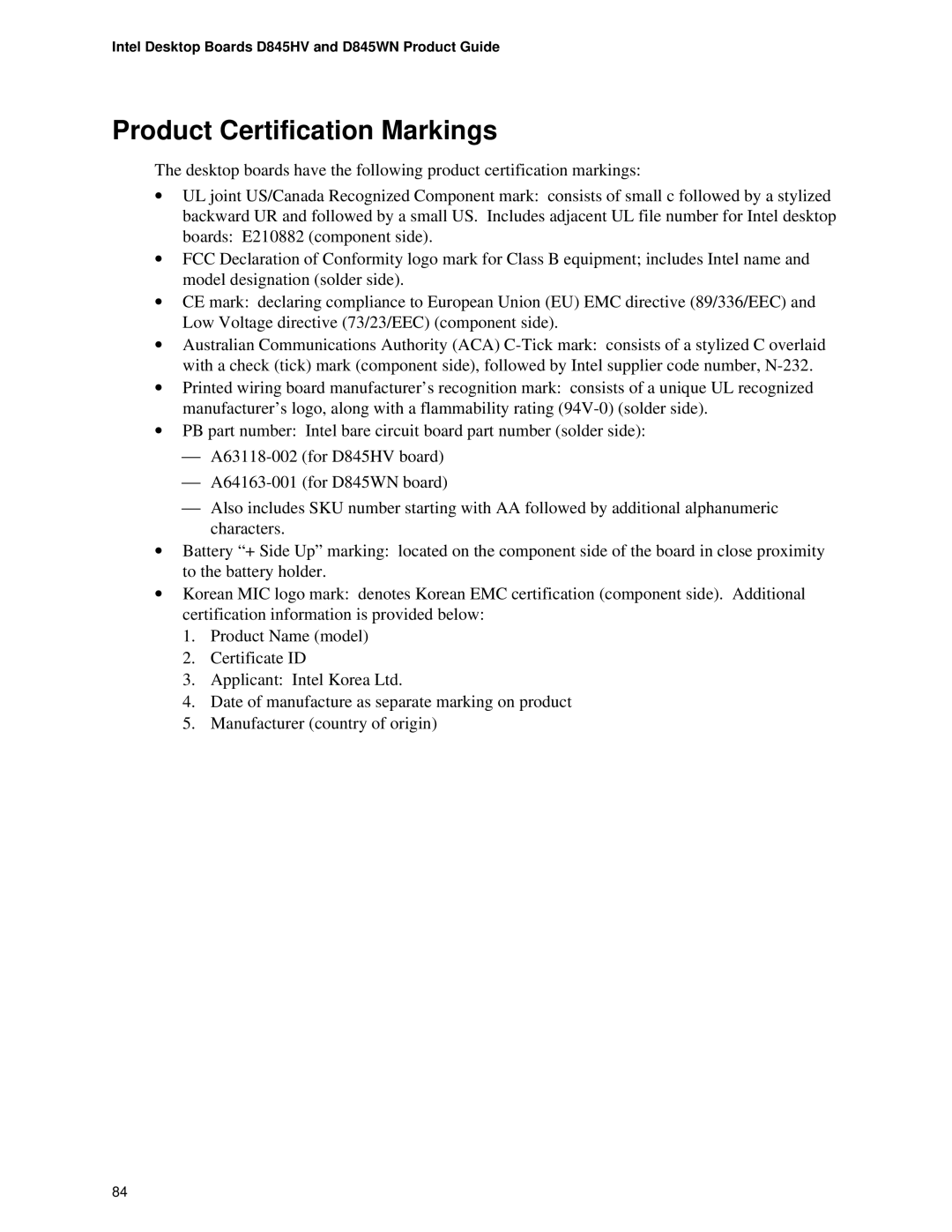 Intel D845WN, D845HV manual Product Certification Markings 