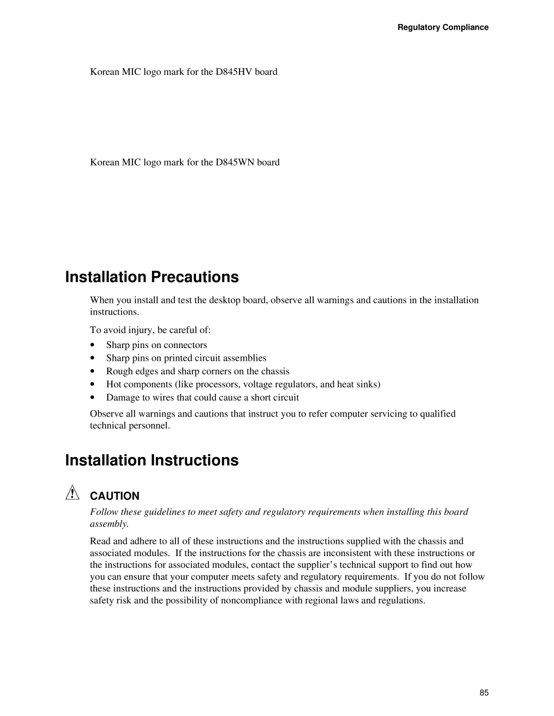 Intel D845HV, D845WN manual Installation Precautions, Installation Instructions, Regulatory Compliance 