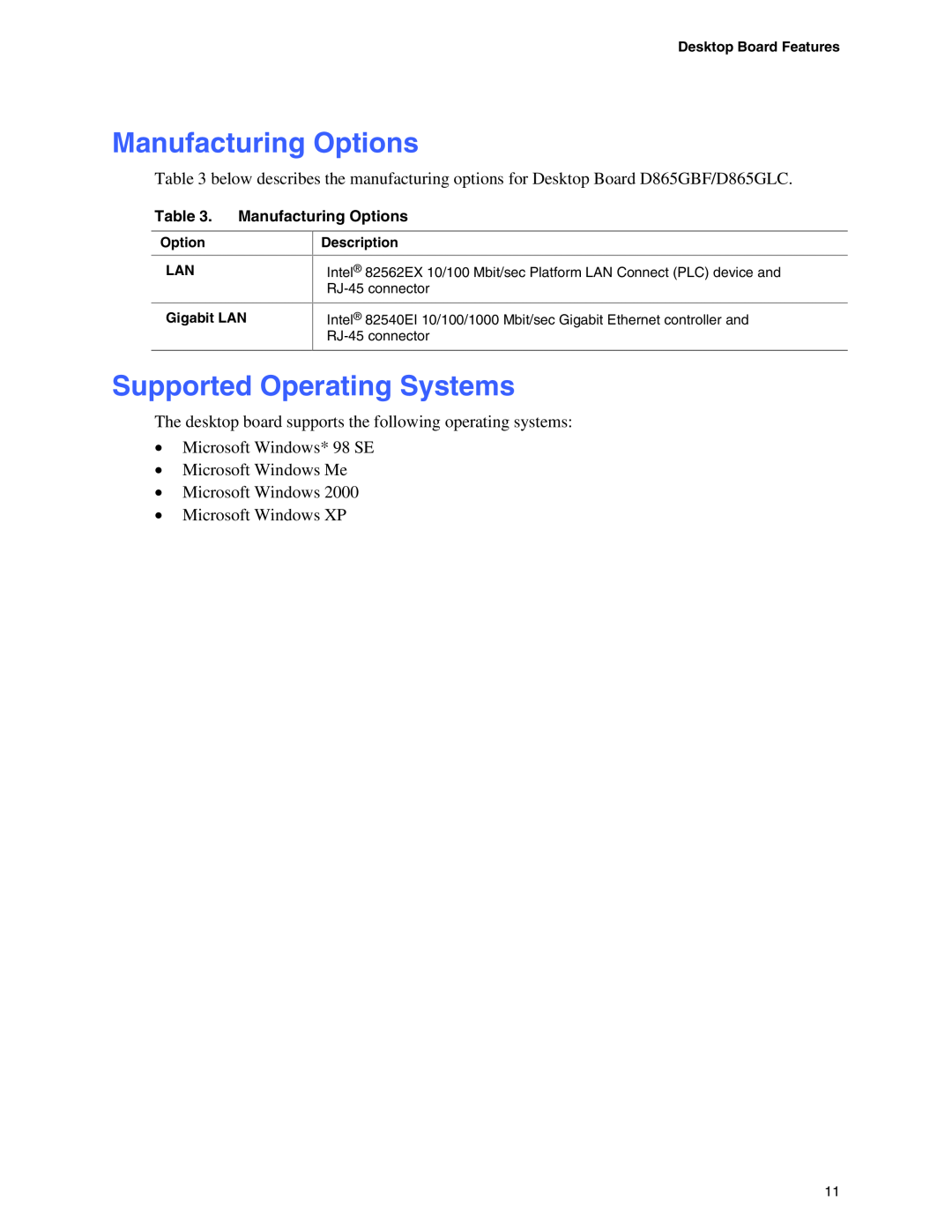 Intel D865GBF, D865GLC manual Manufacturing Options, Supported Operating Systems 