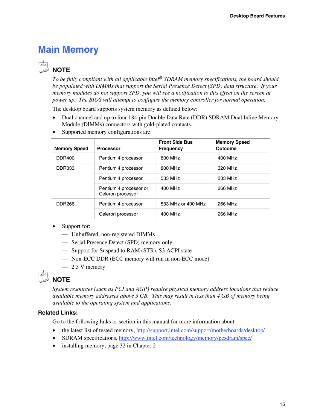 Intel D865GBF, D865GLC manual Main Memory, Related Links 