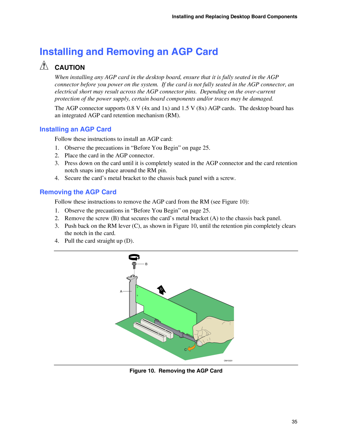 Intel D865GBF, D865GLC manual Installing and Removing an AGP Card, Installing an AGP Card, Removing the AGP Card 