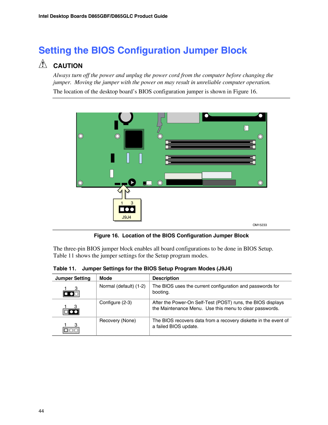 Intel D865GLC, D865GBF manual Setting the BIOS Configuration Jumper Block, Jumper Setting, Mode, Description 
