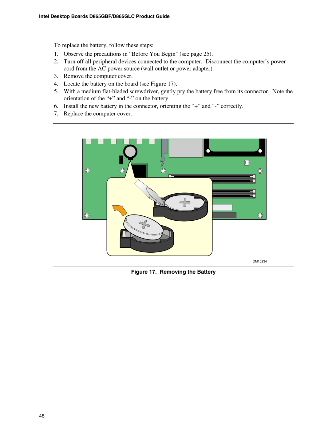 Intel D865GLC, D865GBF manual To replace the battery, follow these steps 