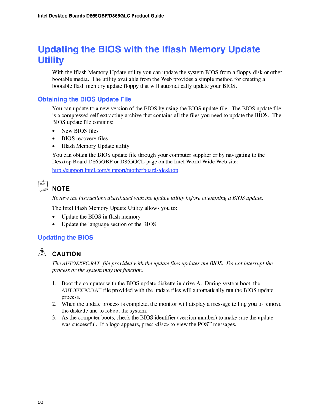 Intel D865GLC, D865GBF manual Obtaining the BIOS Update File, Updating the BIOS 