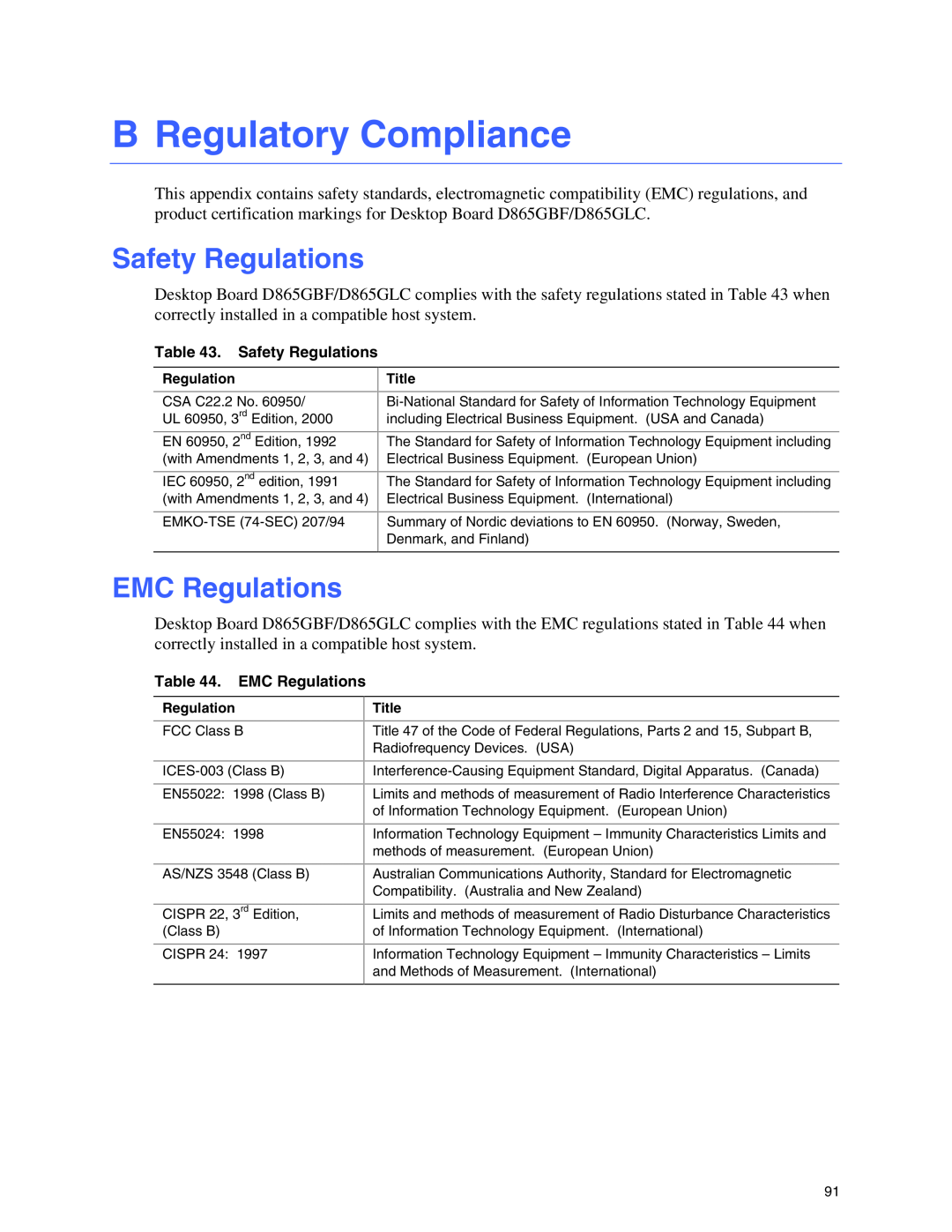 Intel D865GBF, D865GLC manual B Regulatory Compliance, Safety Regulations, EMC Regulations 