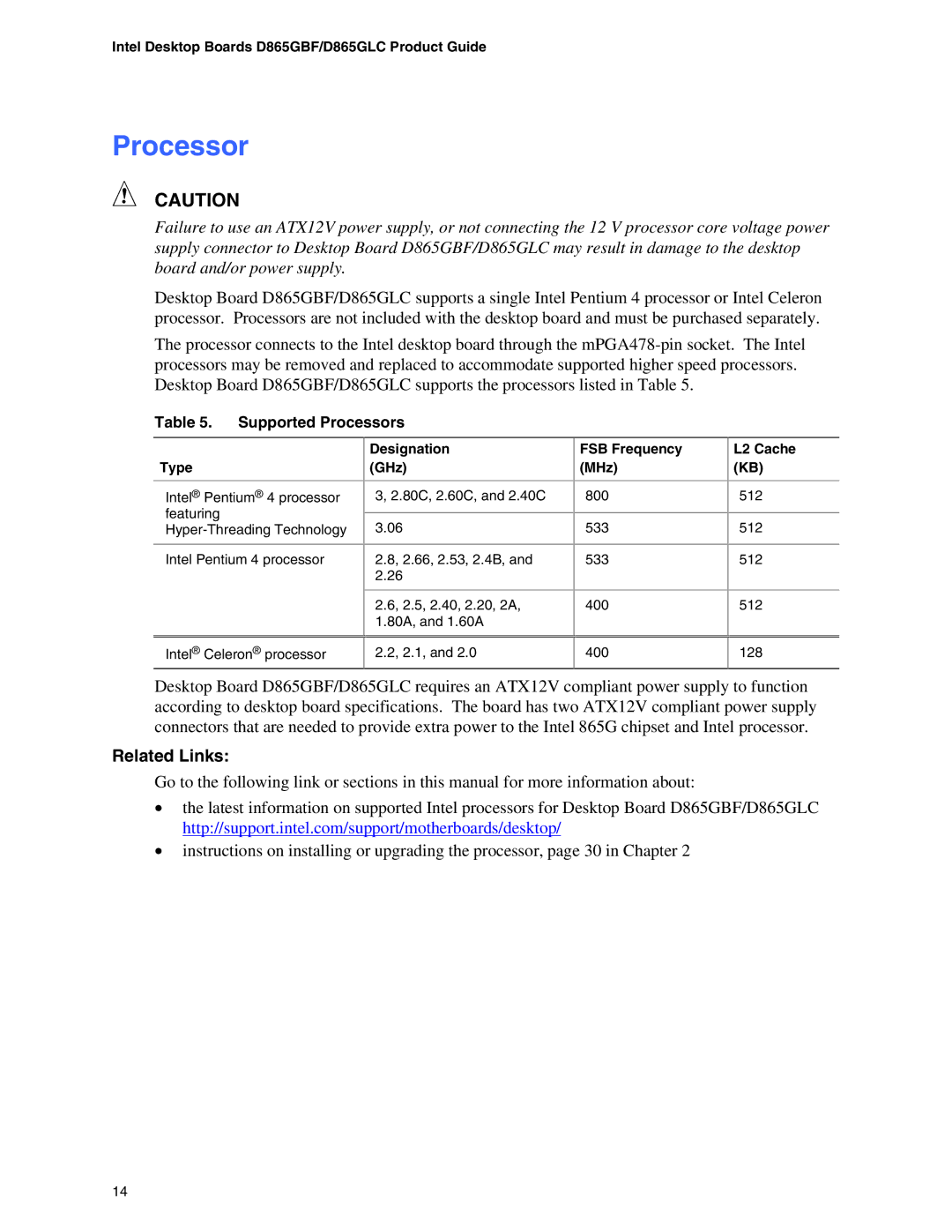 Intel D865GLC, D865GBF manual Supported Processors 