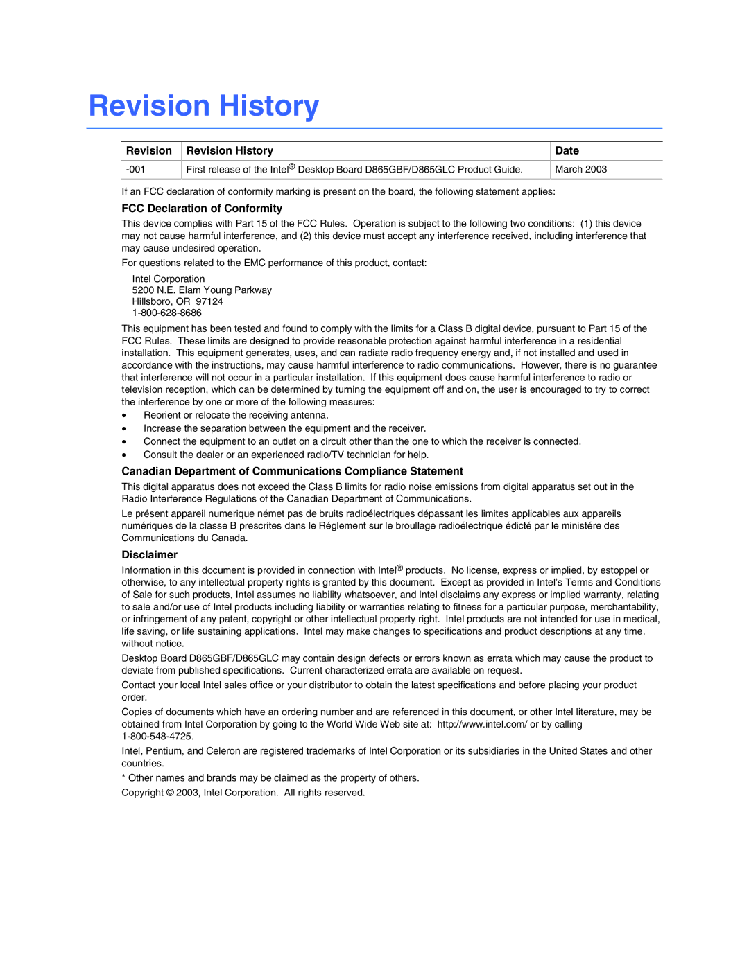 Intel D865GLC, D865GBF manual Revision History 